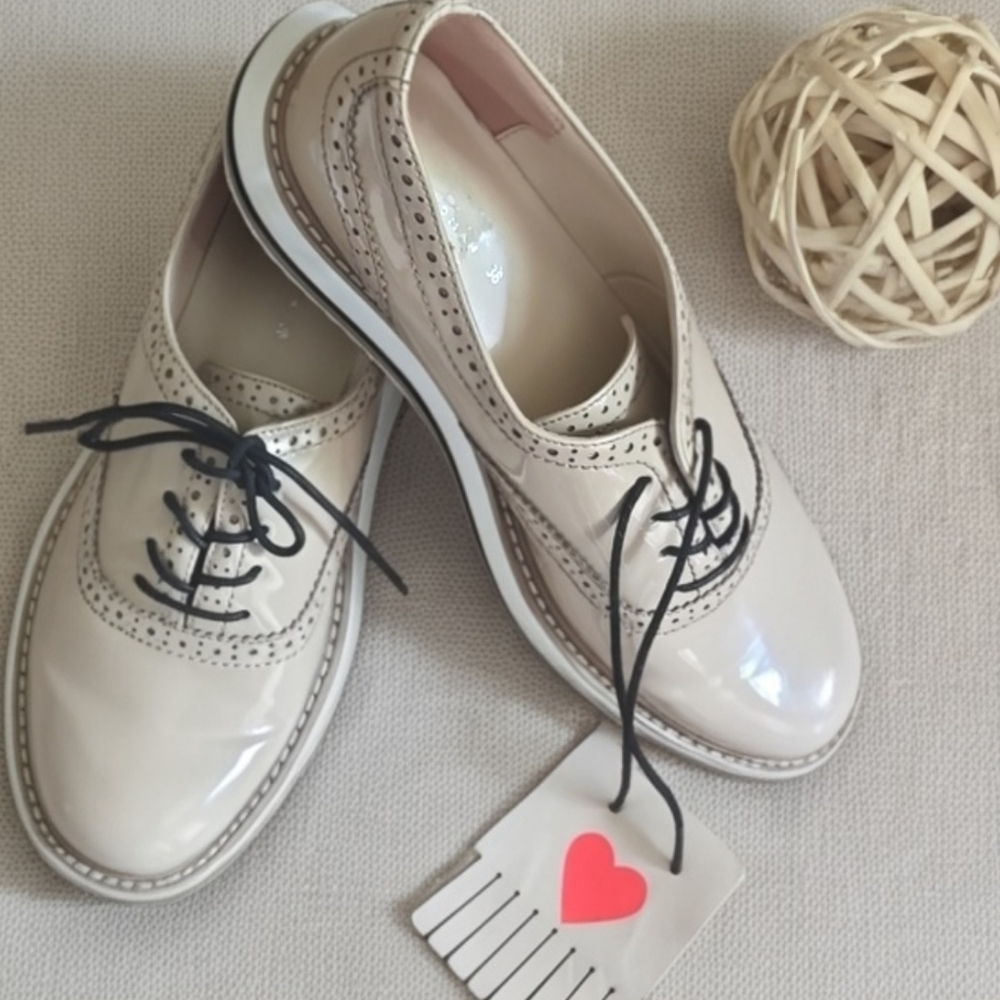 Zara | Beige Brown Patent Oxford Lace Up Shoes